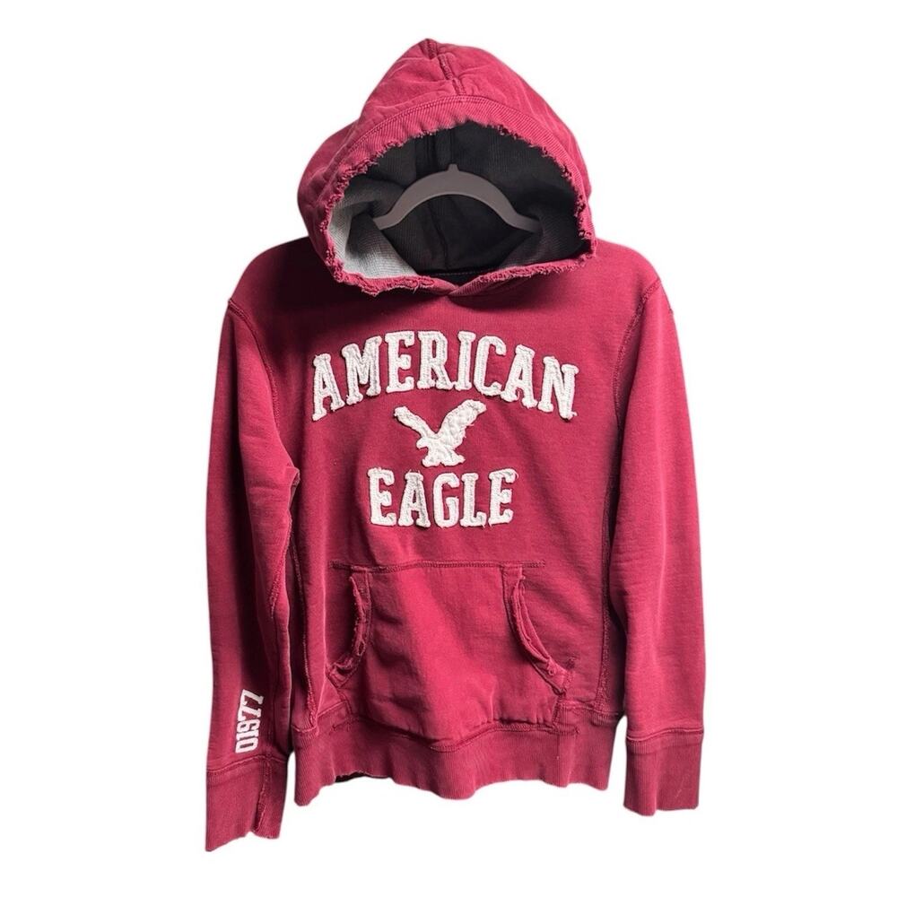 American Eagle Unisex Vintage Y2K Distressed Logo Hoodie Red Raw Hem Frayed XS